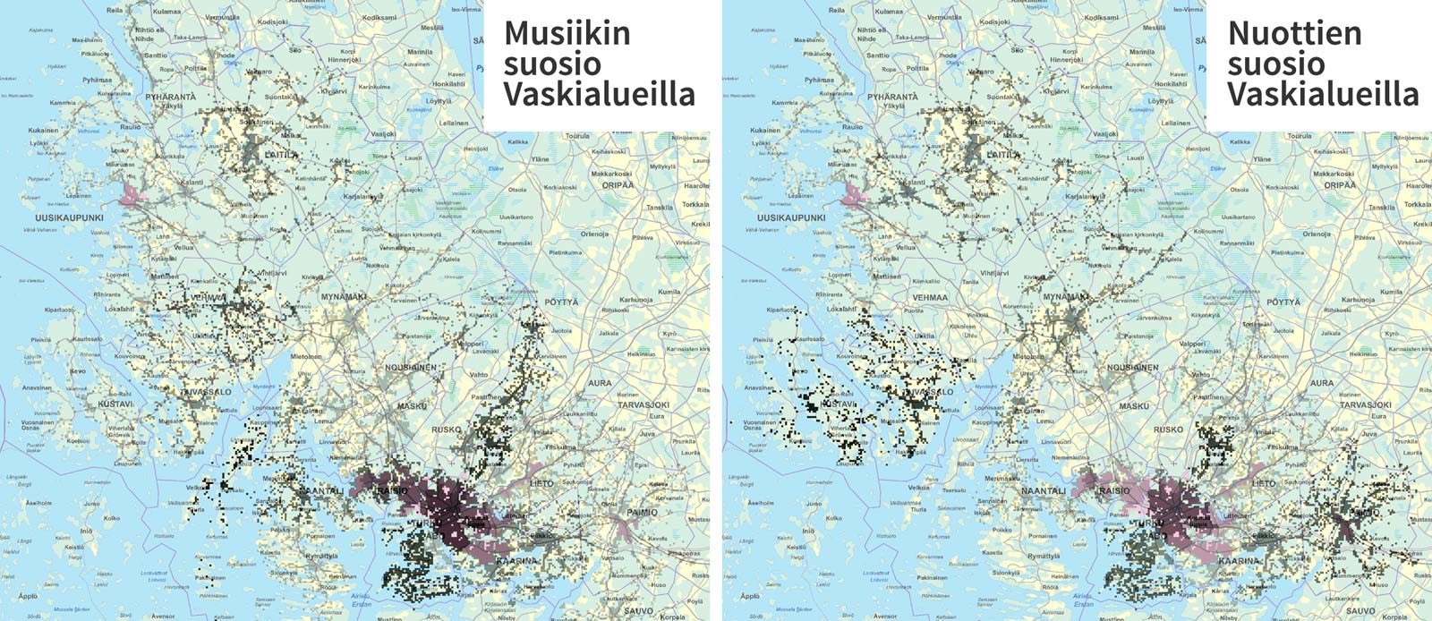 Kartta 1. Musiikin ja nuottien suosio Vaski-verkoston alueilla.